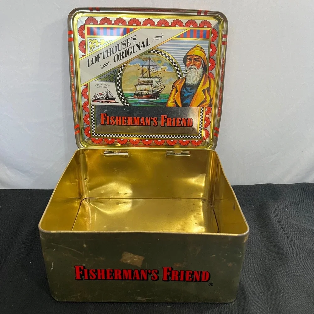 Vintage Lofthouse's Original Fisherman's Friend Nautical Metal Storage Tin 8.5